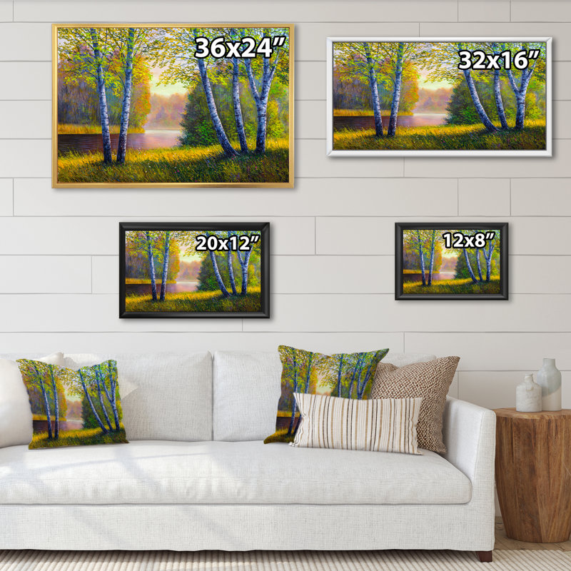 «River Through The Birch Tree Forest», reproduction sur toile flottante, H 8 po x l 12 po x P 1 po, Cadre flottant noir