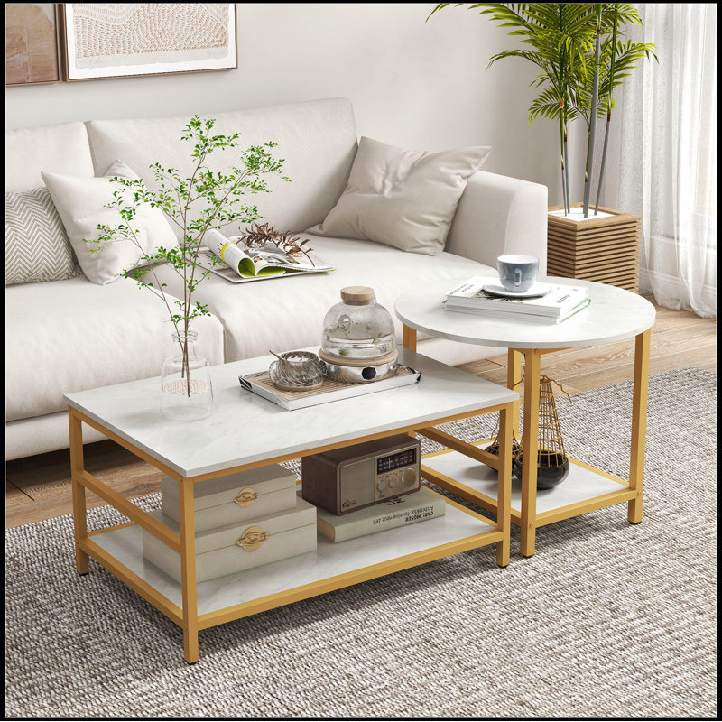 Coffee Tables Set of 2, 2-Rier Rectangle and Round Coffee Table with Storage Shelves