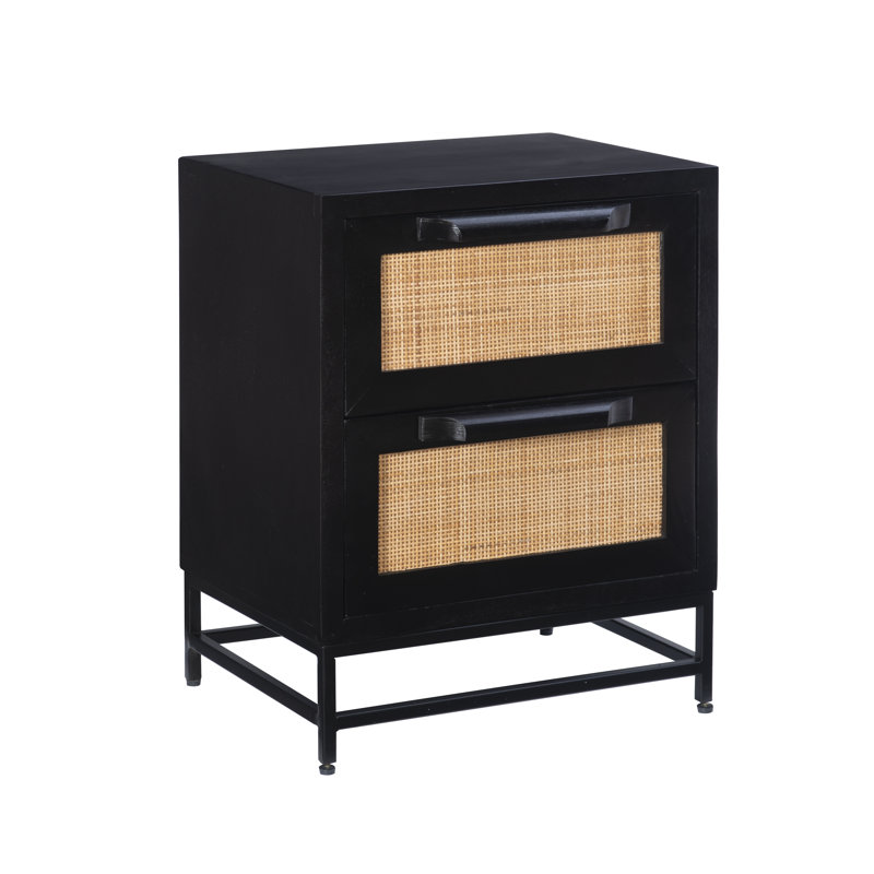 Table de chevet 2 tiroirs en bois massif avec façades en canne , Noir