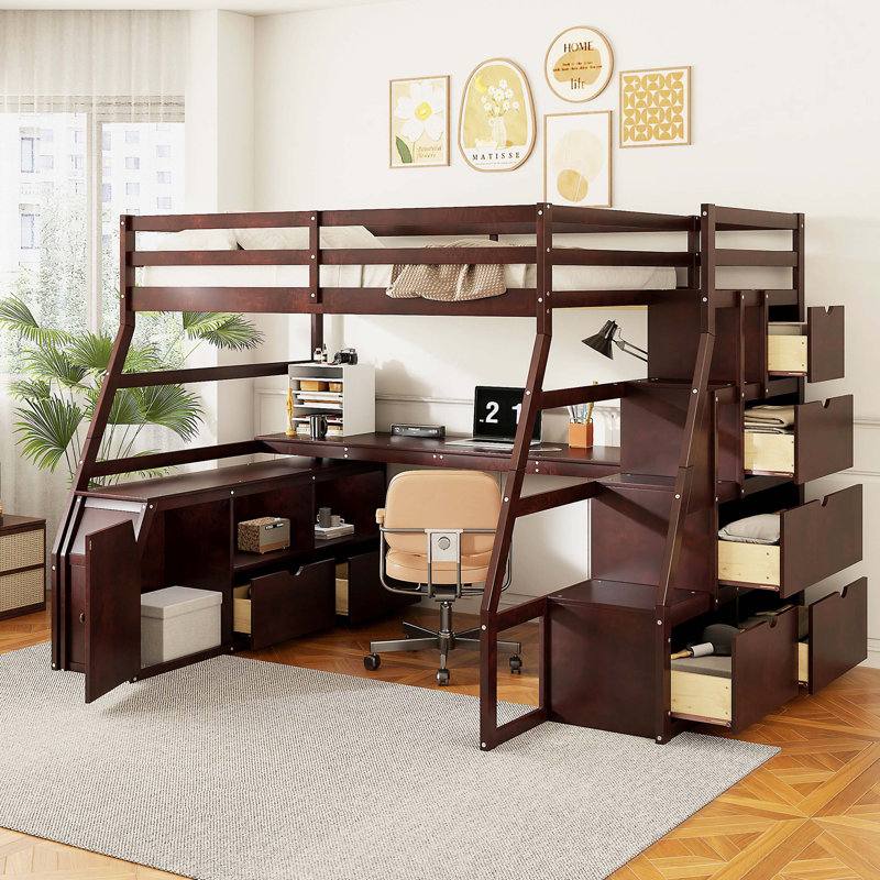 Lit mezzanine double avec 7 tiroirs, 2 tablettes et un bureau