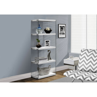 Bibliothèque à 5 niveaux avec poignées polies, finition blanc brillant et verre, verre transparent, pour la décoration de bureau de chambre à coucher