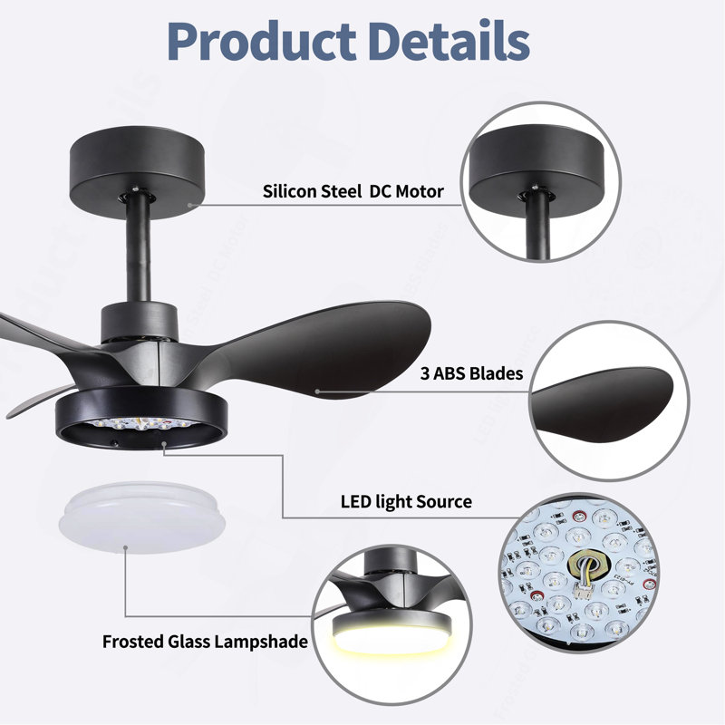 24" Small  Ceiling Fan With Light Remote Control, Black