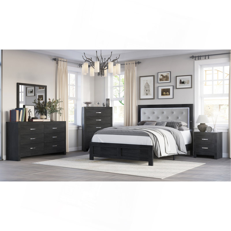 Lit à panneau moderne 1Pc avec éclairage de tête de lit capitonné noir, Noir/gris, Grand lit