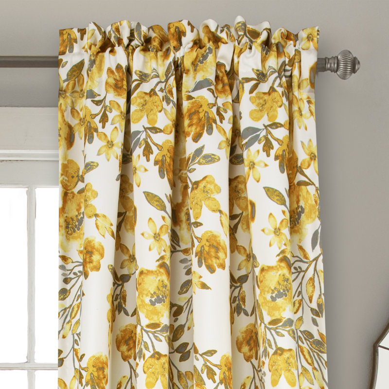Yellow and Gray Floral Polyester Blackout Window Curtain Panels