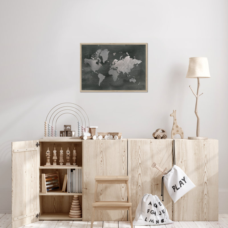 Large Silver World Map On Black Wash by Jennifer Goldberger - Painting, 55cm H x 80cm W, Natural Wood Framed Paper Print