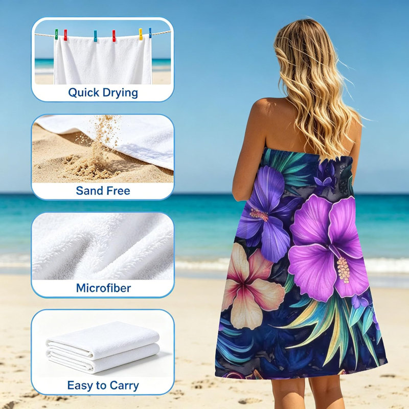 Microfiber Quick Dry Beach Towel Thin Lightweight Sand Free Absorbent Oversized Travel Towels for Swim Pool Camping Yoga Bath Adult Gift Beach Vacation Essentials (Purple Blue Flowers, 30" x 63")