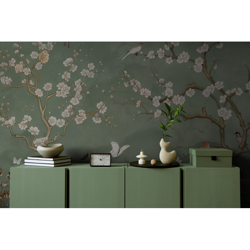 Green Spring Blossom Wall Mural | Cherry Branches Wallpaper | Non-Woven or Peel and Stick, 140" W x 90" H, Peel & Stick