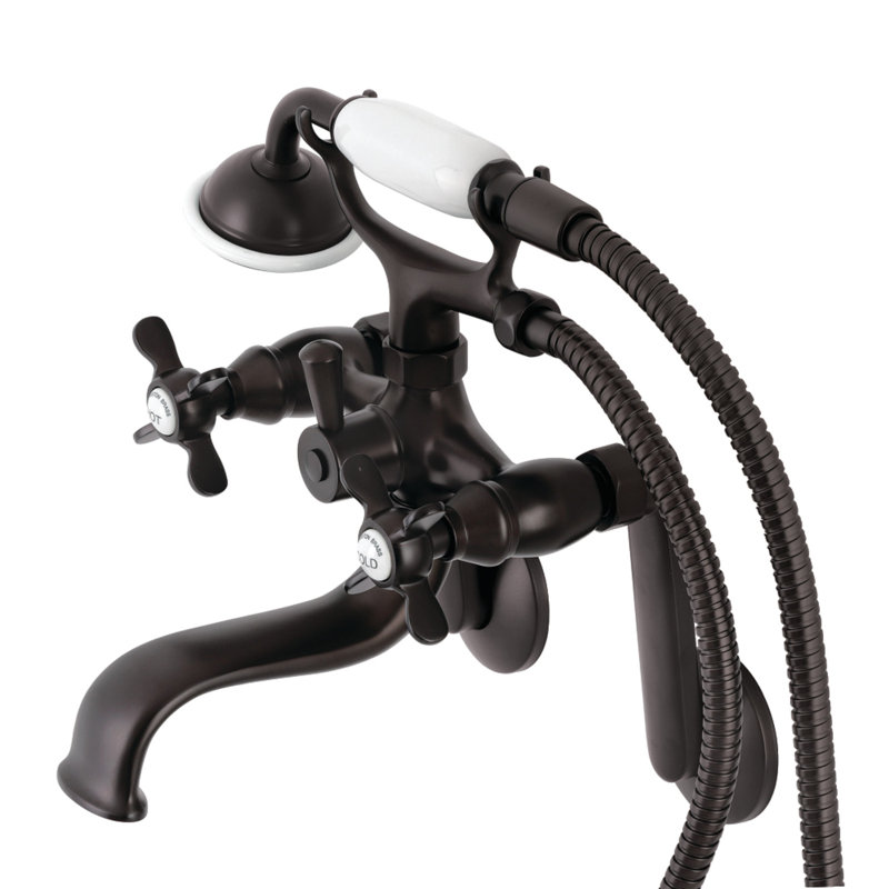 Kingston Brass Kingston Three-Handle 2-Hole Tub Wall Mount Clawfoot Tub Faucet with Hand Shower, Oil Rubbed Bronze/White