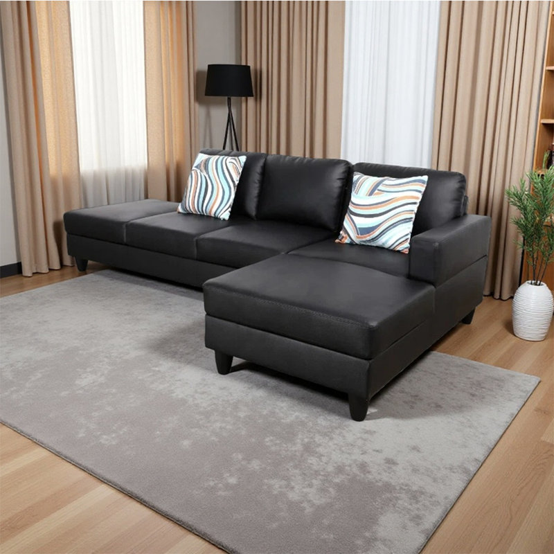 2-Piece Black Faux Leather L-Shaped Sectional Sofa, Right Hand Facing