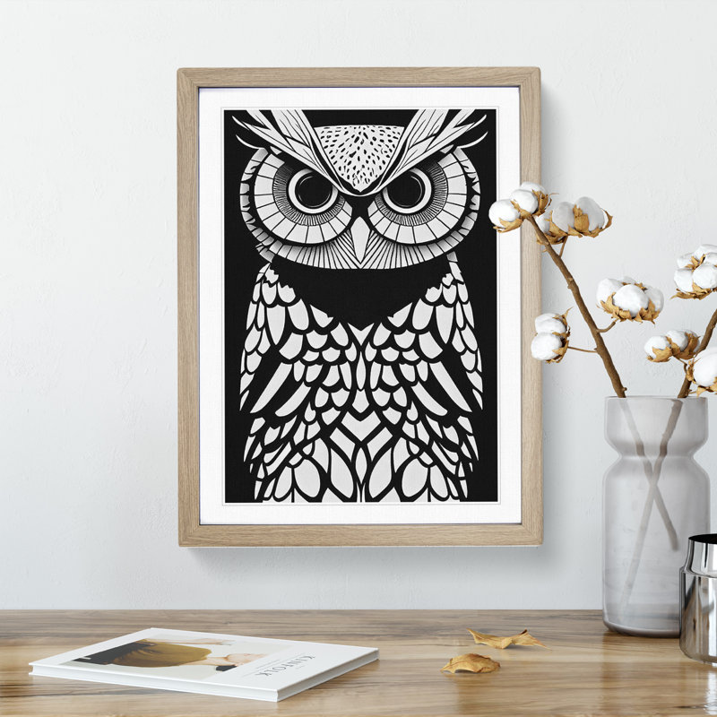 Owl Monochrome No.1 - Single Picture Frame Painting, 46cm H x 34cm W x 2cm D, Oak