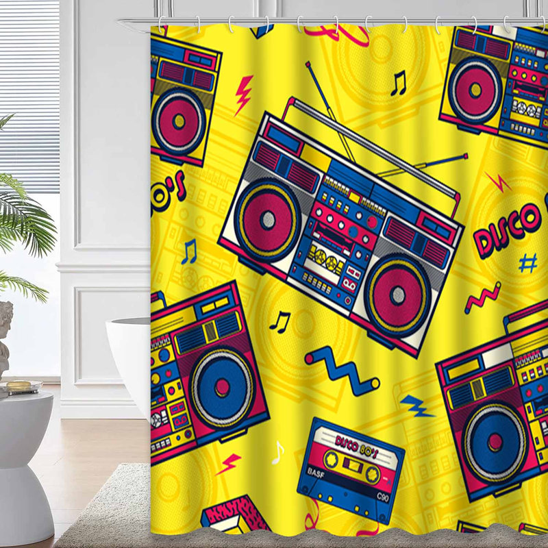 Rideau de douche imperméable rétro Memphis Radio avec 12 crochets, L 72 po x l 78 po