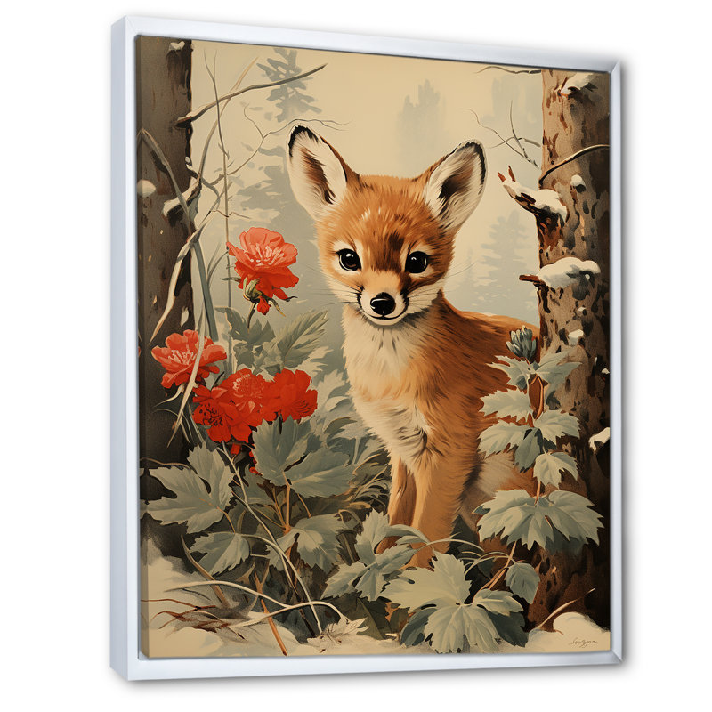 «Brown Deer Winter Adventure I - Fox Animal», art mural, Cadre flottant blanc, H 40 po x l 30 po
