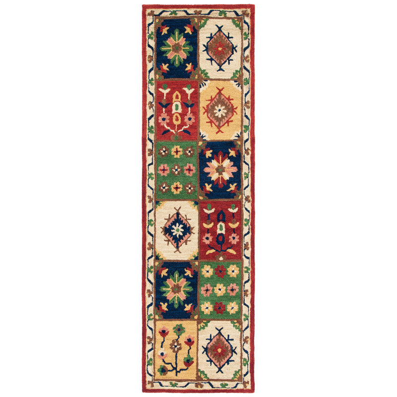 Tapis vert / bleu en laine touffeté à la main Greydon, Tapis de couloir 2 pi 3 po x 8 pi