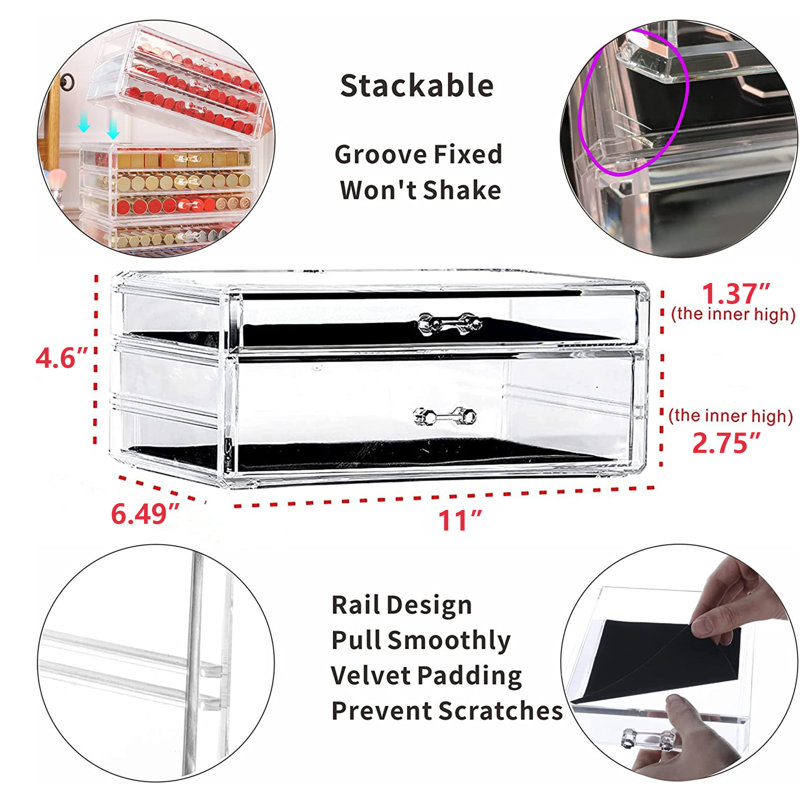Boîte de rangement de table transparente en plastique transparent à deux tiroirs 11 po x l 6,5 po x H 4,6 po