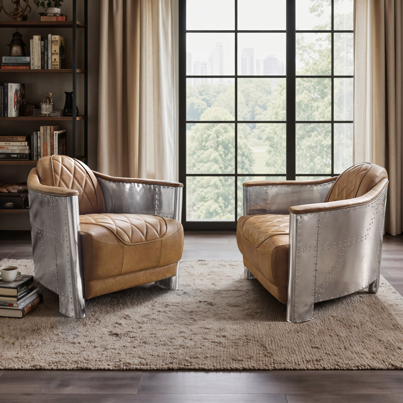Tufted Genuine Top Grain Leather Armchair, Khaki