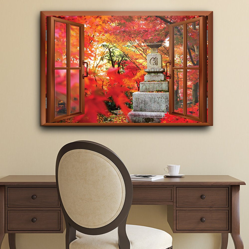 Autumn Fall " Modern Copper Window Looking Out Into A Japanese Statue Surrounded By Red Trees "