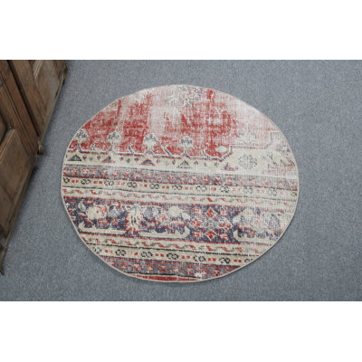 Vintage Style Small Round Turkish Rug in Red with Antique Design Perfect for Boho Entryway Decor