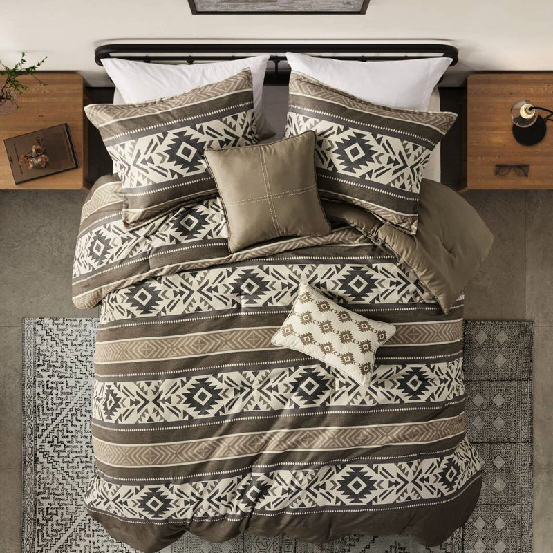 Literie 5 pièces, rayure à chevrons, très grand / très grand, brun, très grand lit, coussins décoratifs,