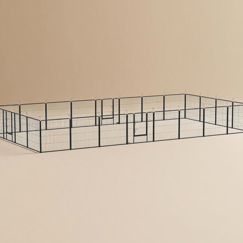 Parc pour chien, 24 panneaux, porte verrouillable, utilisation intérieure / extérieure, acier gris, piquets de sol et clôture de porte sécurisée, petits chiens moyens personnalisables, portes à trois étages