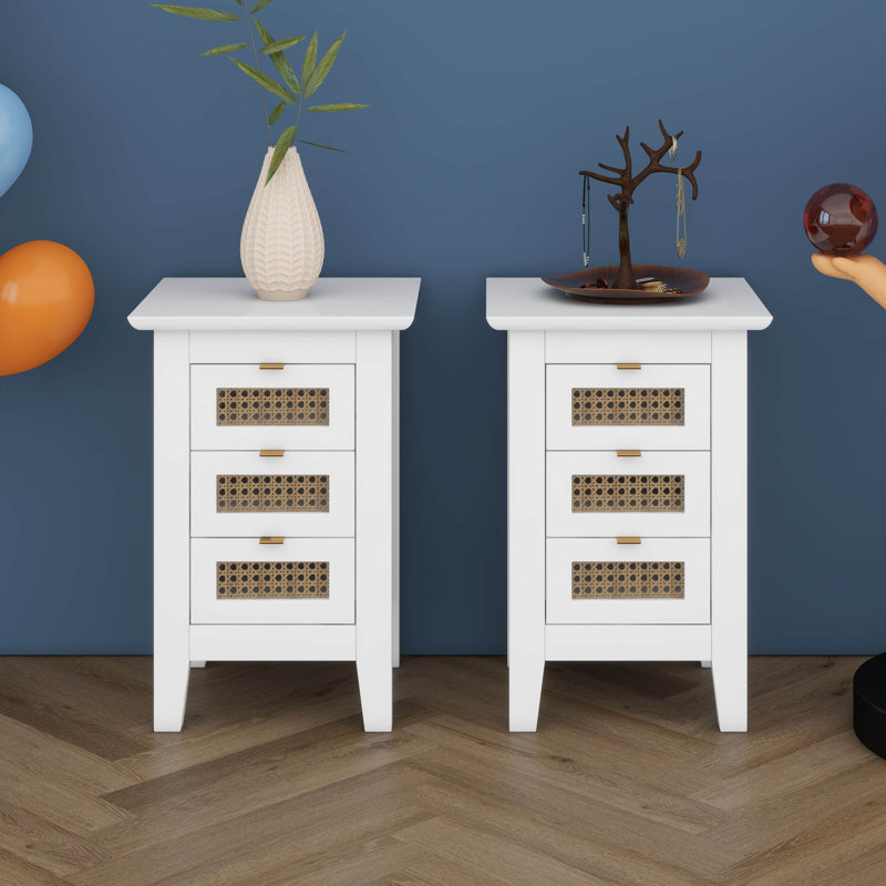 3 Drawers Rattan Nightstands Set Of 2, Wooden End Table With Rattan-Woven Surface, Bedside Table Storage Side Table