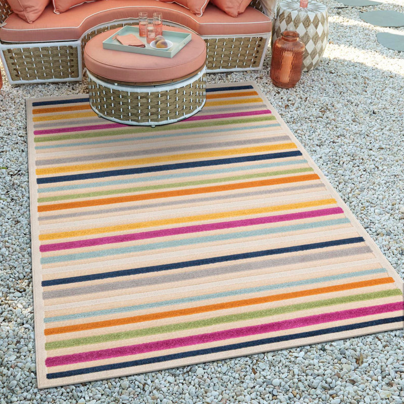 Tapis rayé beige / orange intérieur / extérieur, Rectangle 5 pi 3 po x 8 pi