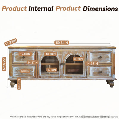 60" Farmhouse TV Stand with 4 Drawers & 2 Glass Doors, Rustic Wood Media Console, Distressed Entertainment Center for TVs