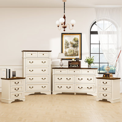 Ensemble de chambre à coucher 4 pièces - commode 7 tiroirs, commode haute 6 tiroirs et 2 tables de chevet