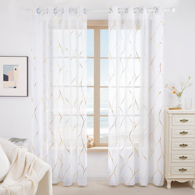 Foil Printed Wave Pattern Grommet Sheer Curtains (Set of 2)