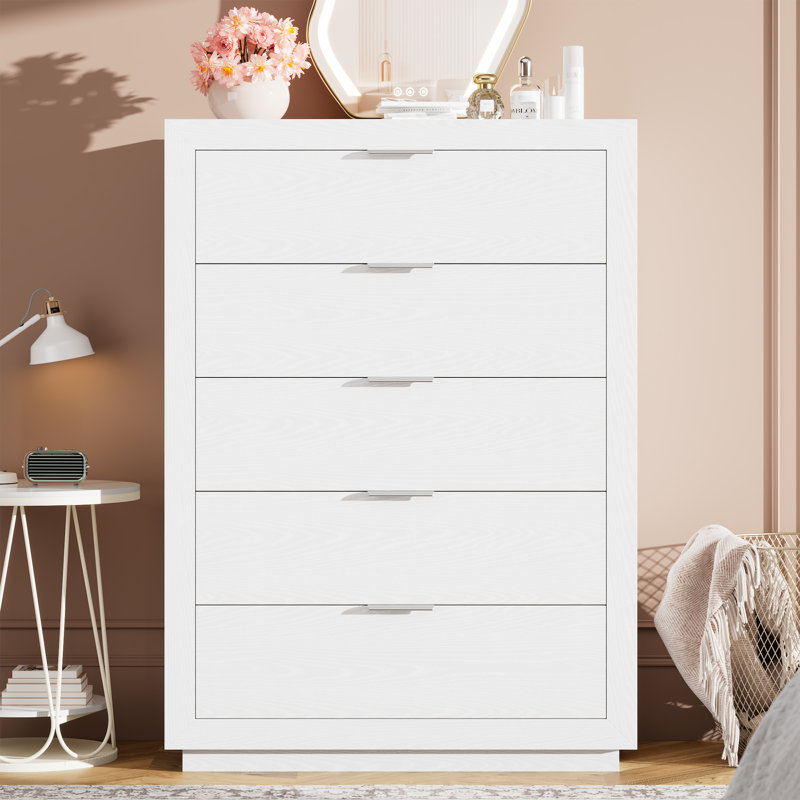 Commode 5 tiroirs, commode, armoire de rangement moderne avec tablette ouverte, Blanc
