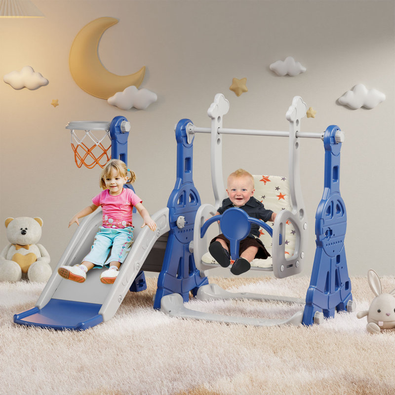 Blue and Gray 4-in-1 Toddler Slide and Swing Set
