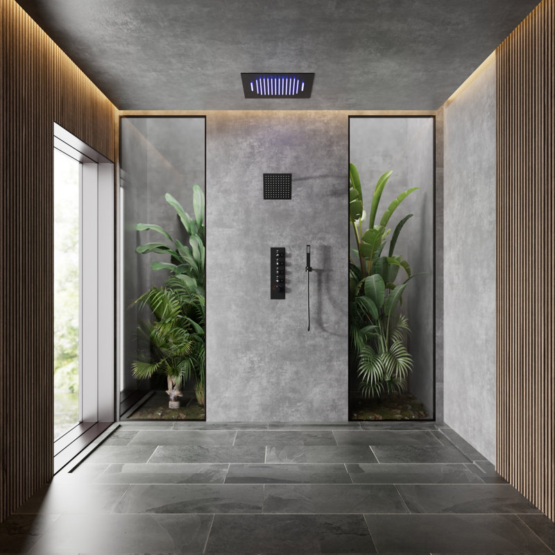 Robinet de douche thermostatique musical, système de douche double 20 po avec éclairage d'ambiance à DEL, Noir mat