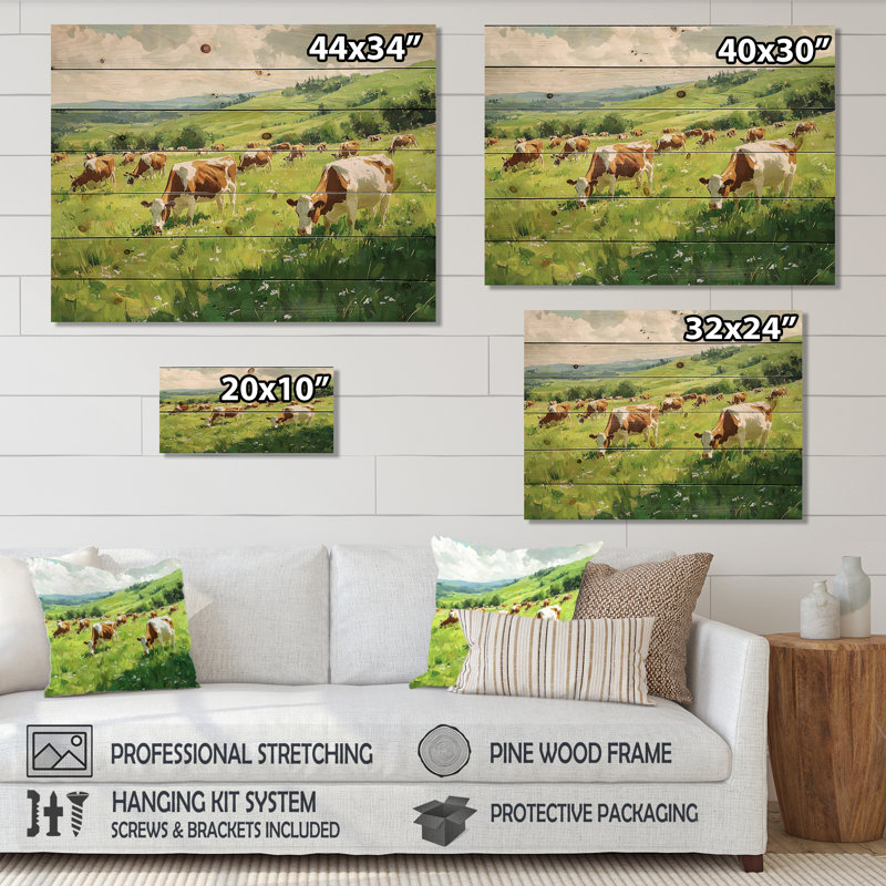 Cows in the pasture - Art mural en bois campagne - sur bois de pin naturel, H 34 po x l 44 po x P 0,78 po