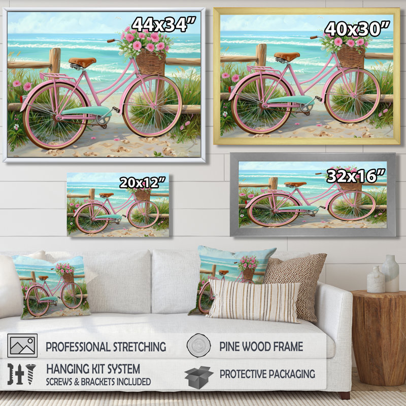 Vélo rose avec roses roses sur un chemin de plage - décoration murale bord de mer, H 30 po x l 40 po x P 1,5 po