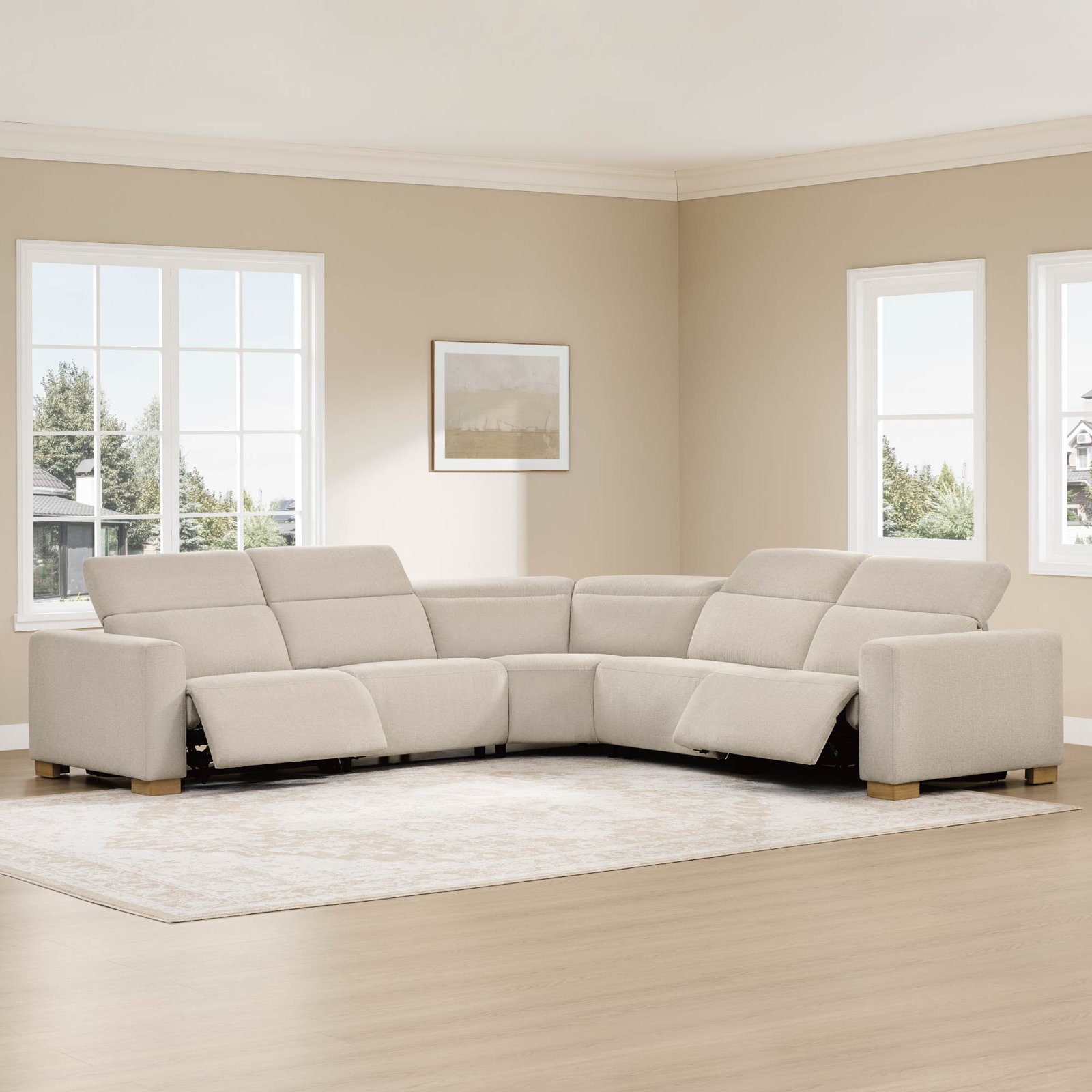 Upholstered Power Reclining Sofa With Adjustable Headrest, Pacific Ecru Performance Chenille