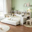 Lit de jour simple en bois avec tablettes de rangement, lit multifonctionnel avec lit gigogne et bureau, blanc antique