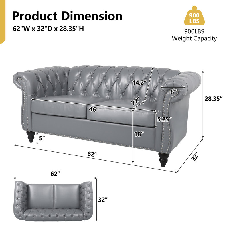Taleke 62" Upholstered Sofa, Gray Faux Leather