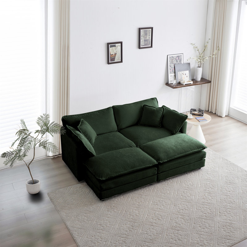 Canapé modulaire rembourré 4 pièces avec 2 places et 2 repose-pieds, chenille verte, mobilier de salon confortable et élégant