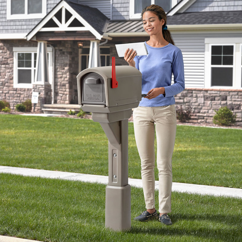 Mocha Plastic Double Door Mailbox with Post and Flag