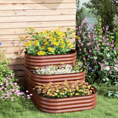 Lit de jardin surélevé en acier galvanisé, 61,25 po x 43 po x 31,79 po, 3 avec 3 bacs à fleurs, bordure en caoutchouc, fond ouvert pour espaces extérieurs, brun 61,25 po x 43 po 31,79 po, boîtes combinées à paillettes