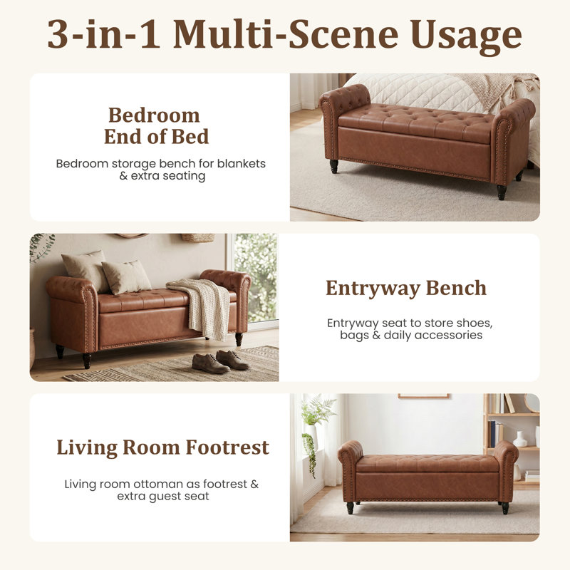 Bedroom Bench With Storage, Brown, 22" H x 65.4" W x 20" D