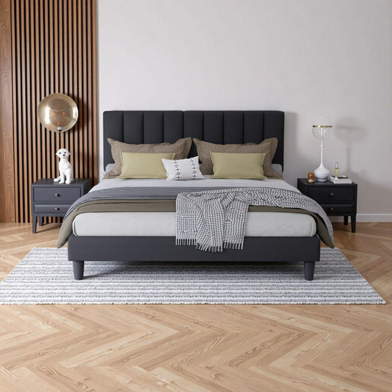 Base de lit tapissier pleine grandeur avec tête de lit ajustable - Velours doux, capacité de 800 lb, sans bruit, pieds de 12 po de hauteur, noir
