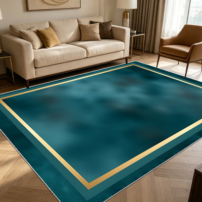 1pièces tapis bleu sarcelle vert foncé or encadrés pour le salon, doux et confortable, convient à toutes les saisons, facile à entretenir, tapis de sol intérieur lavable à la machine, sous la table de ferme convenant à la table à manger, à la chambre à coucher, au vestibule, à la cuisine,