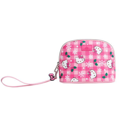 Impressions Vanity Hello Kitty Gingham Arch Makeup Bag For Women, Faux Leather Travel Toiletry Bag With Removable Wristlet Strap, Waterproof Reusable Inside Pocket Mini Cosmetic Organizer