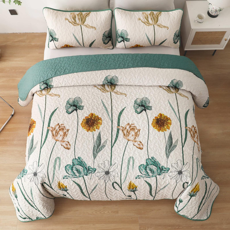 Ensemble de courtepointe 3 pièces Floral Botanical, Turquoise, Courtepointe pour lit grand + deux taies décorati