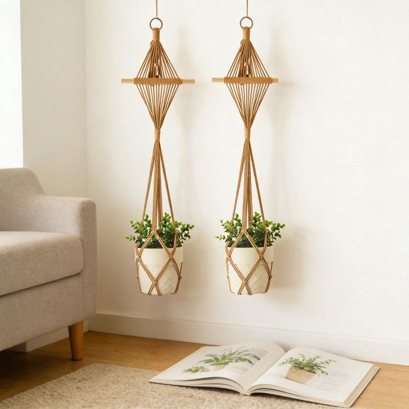 Cintres pour plantes d'intérieur faits à la main en macramé avec goujon en bois, paquet de 2 porte-pots à motif boho à motif de losanges pour pots jusqu'à 10 pouces