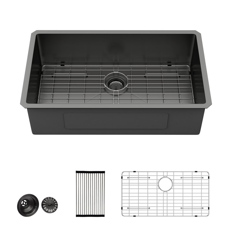 Évier de cuisine encastré en acier inoxydable noir 33 po x l 19 po avec revêtement Nano, évier de cuisine à simple cuve avec grille d'évier, crépine et support à enrouler