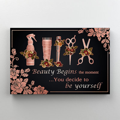 Scissors, Comb And Hair Conditioner - Beauty Begin Scissors, Comb And Hair Conditioner - Wrapped Canvas Textual Art