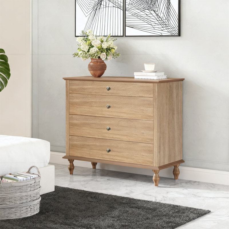 4-Drawer Chest with Solid Wood Foot, Light Brown