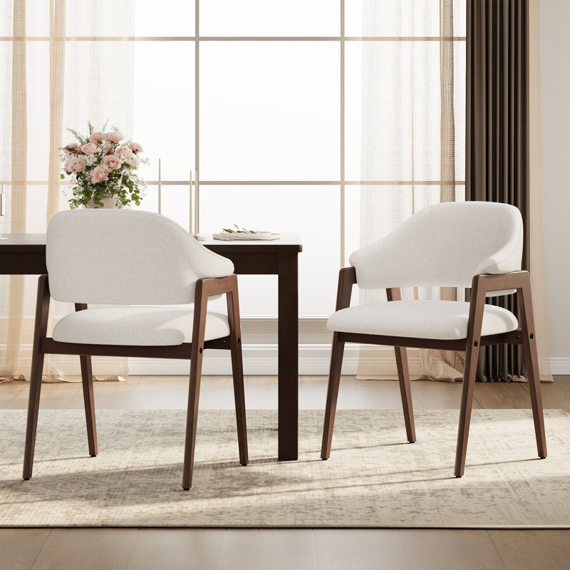 Modern Minimalist Upholstered Linen Dining Armchair with Solid Wood Legs, White