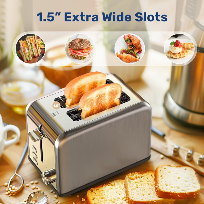 YSSOA Stainless Steel 2 Slice Toaster, 6 Browning Setting and Bagel/Defrost/Cancel Functions, Retro Compact Oven, Extra Wide Slot, Removable Crumb Tray